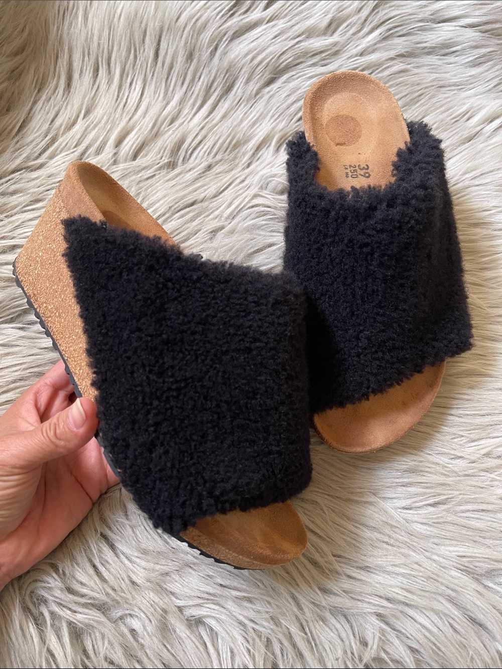 Papillio Black Faux-Shearling Cork Slide Mules